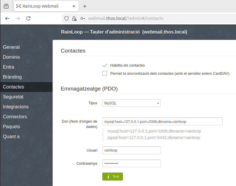 Configuració de contactes (PDO MySQL)