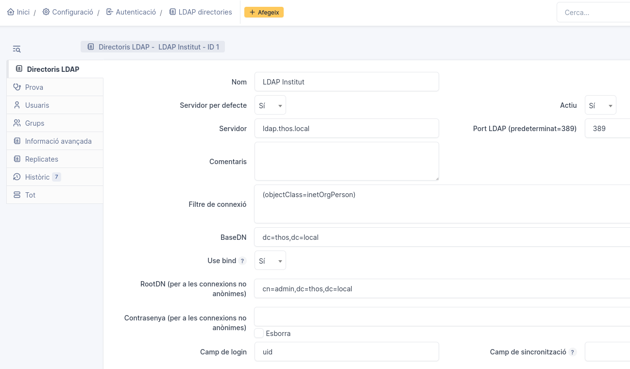 Configuració directori LDAP