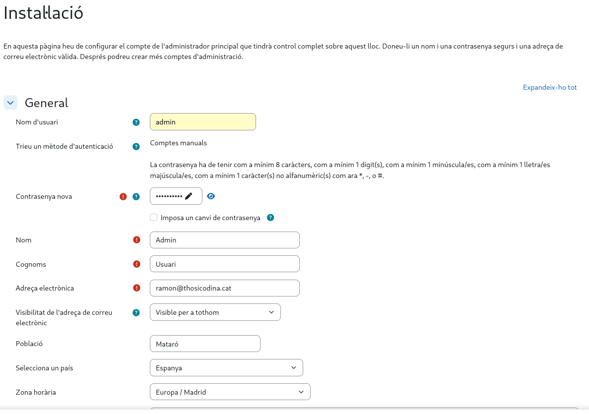 Configura el compte d’administrador