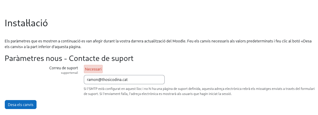 Configura correu de suport