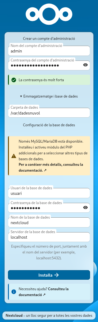 Compte d’administrador i informació de la base de dades