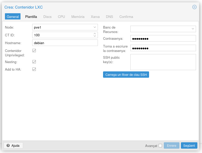 Configura el contenidor