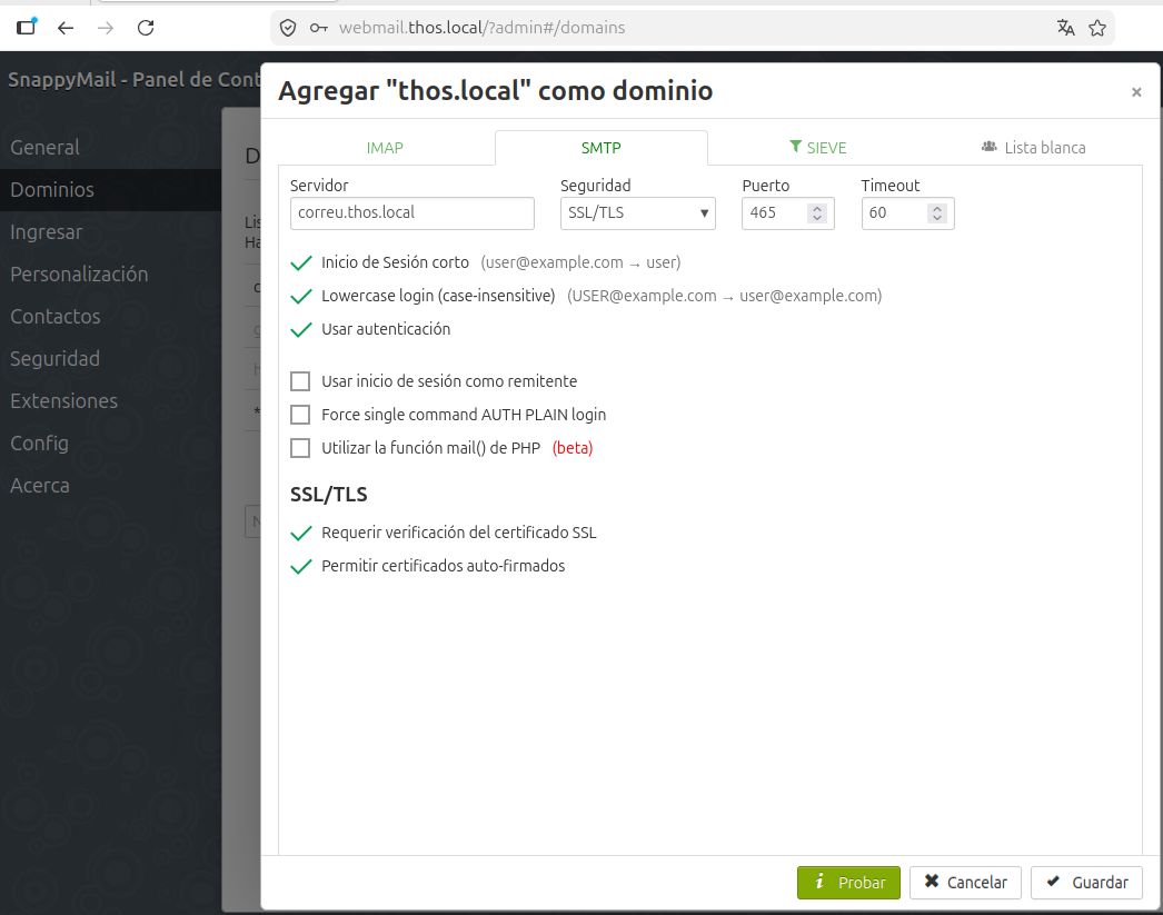 Afegeix servidor SMTP